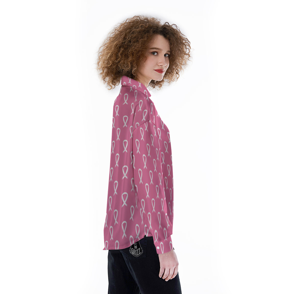 Breast Cancer Pink And White Print Pattern Women's Long Sleeve Shirts-grizzshop