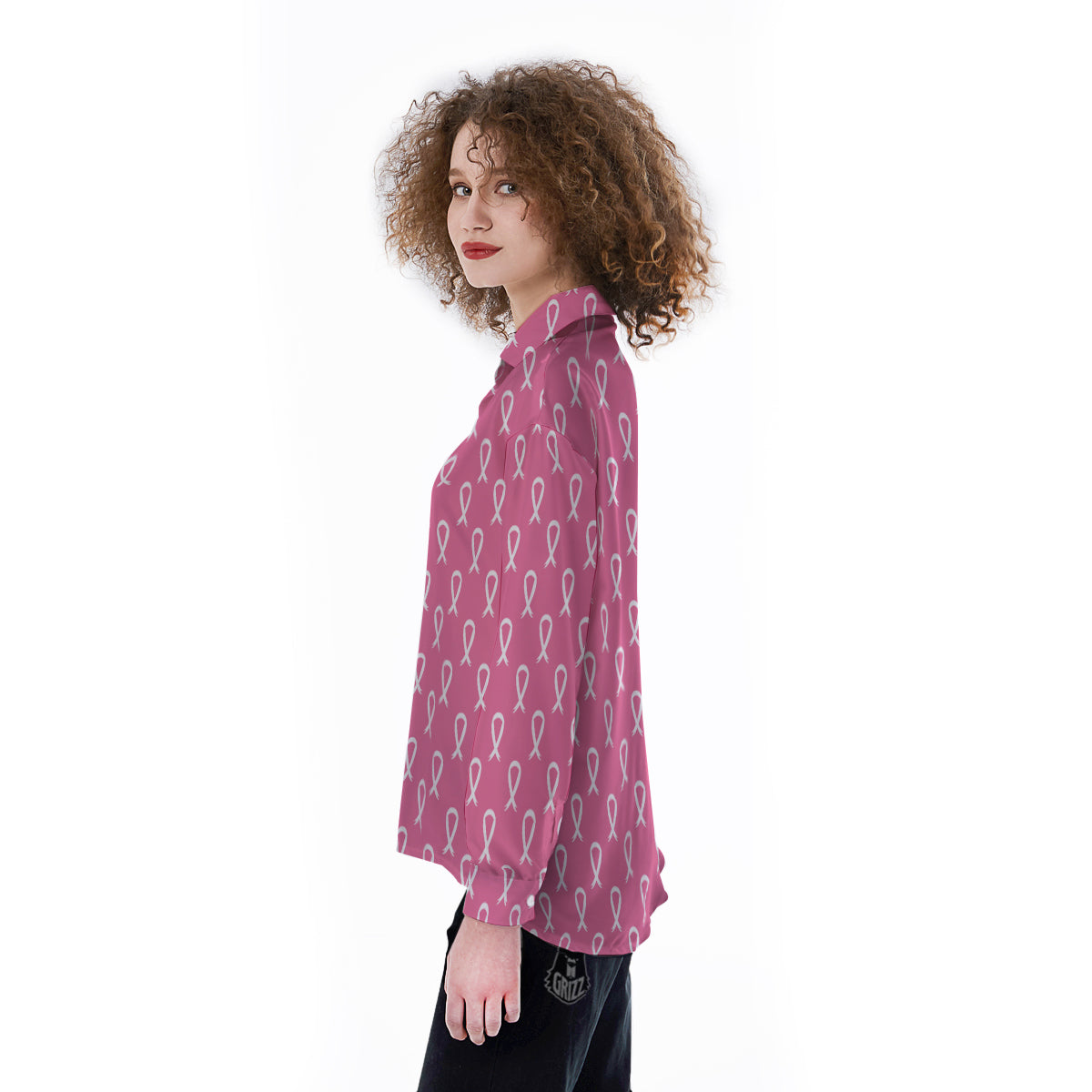 Breast Cancer Pink And White Print Pattern Women's Long Sleeve Shirts-grizzshop