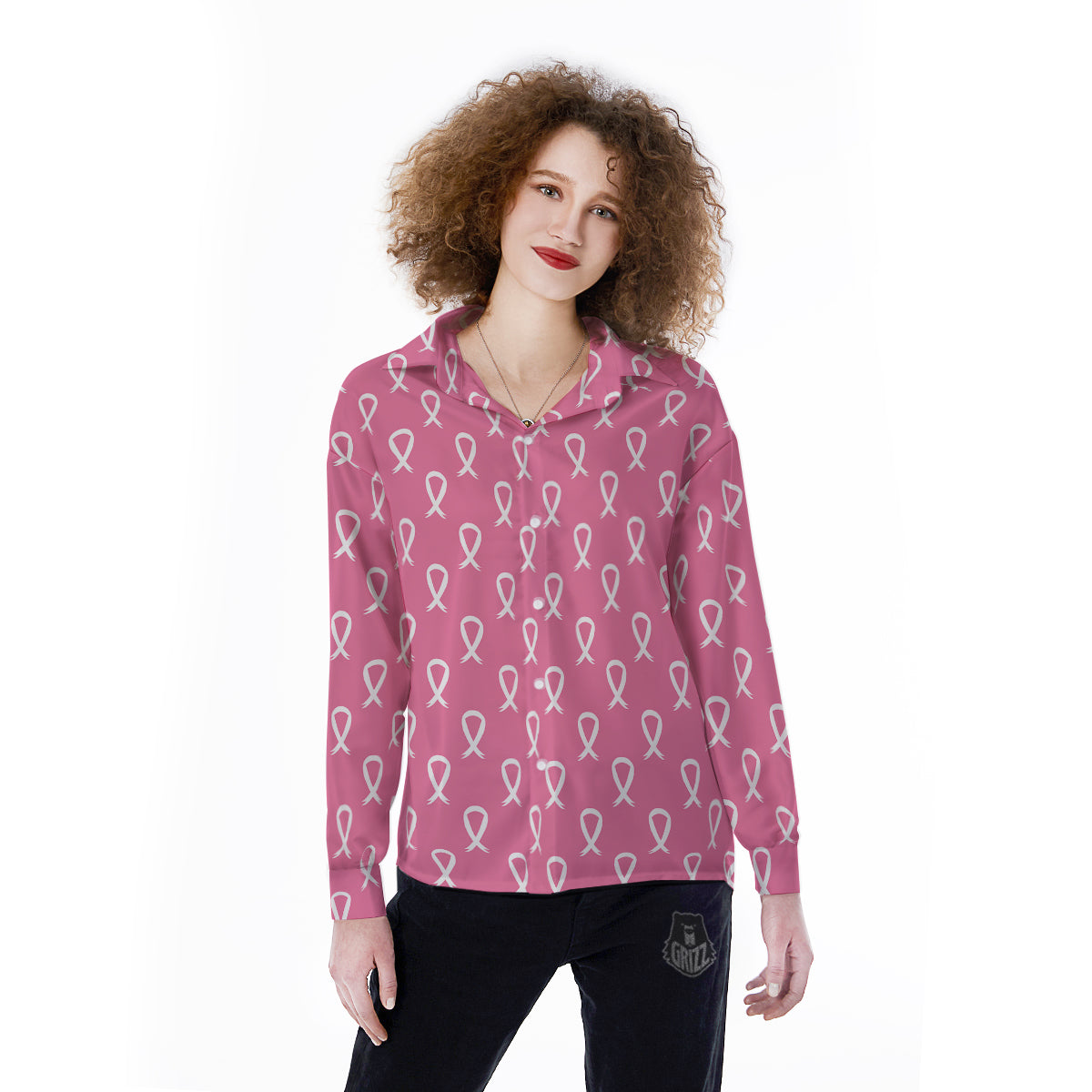 Breast Cancer Pink And White Print Pattern Women's Long Sleeve Shirts-grizzshop