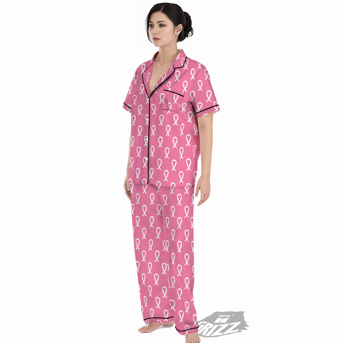 Breast Cancer Pink And White Print Pattern Women's Pajamas Set-grizzshop