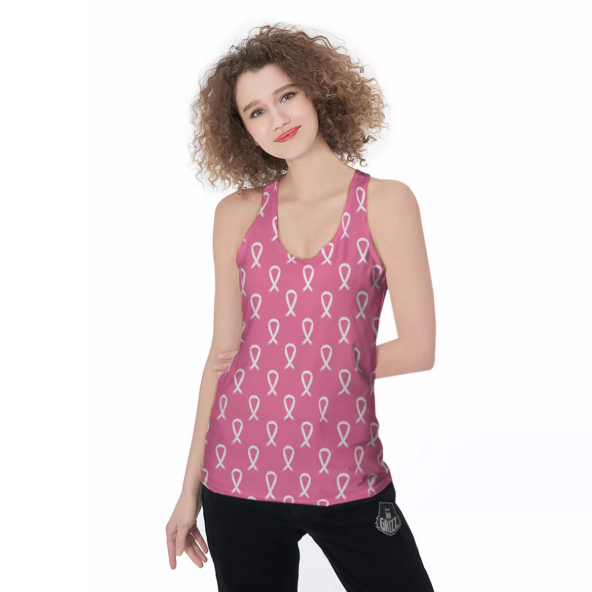 Breast Cancer Pink And White Print Pattern Women's Racerback Tank Top-grizzshop