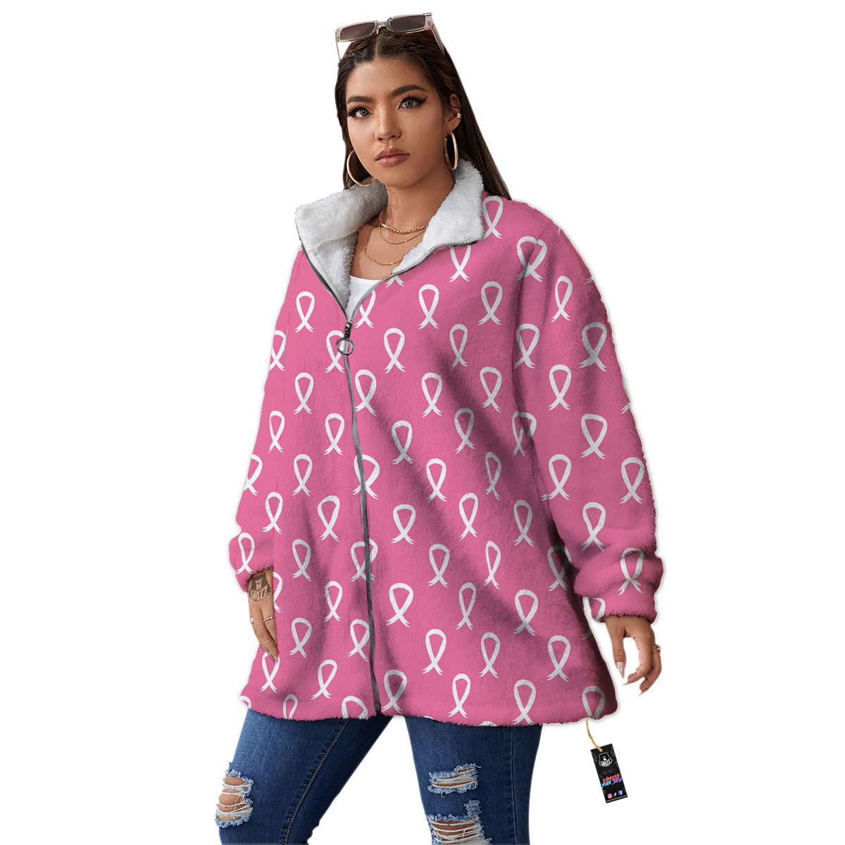 Breast Cancer Pink And White Print Pattern Women's Sherpa Jacket-grizzshop