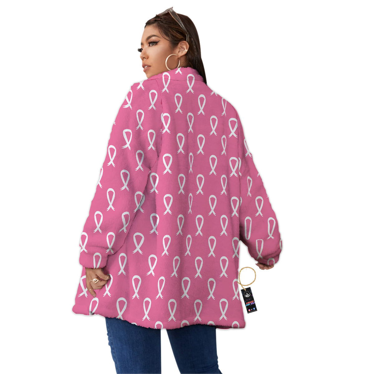 Breast Cancer Pink And White Print Pattern Women's Sherpa Jacket-grizzshop