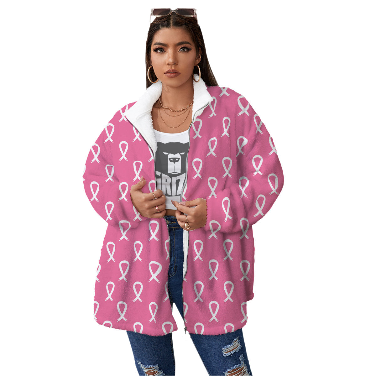 Breast Cancer Pink And White Print Pattern Women's Sherpa Jacket-grizzshop