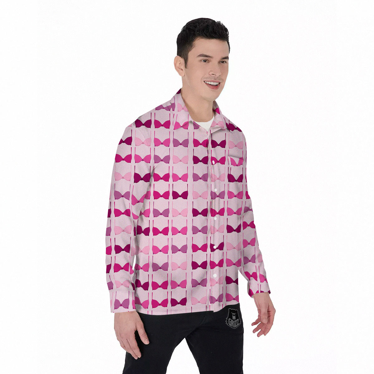 Breast Cancer Pink Bra Print Pattern Men's Long Sleeve Shirts-grizzshop