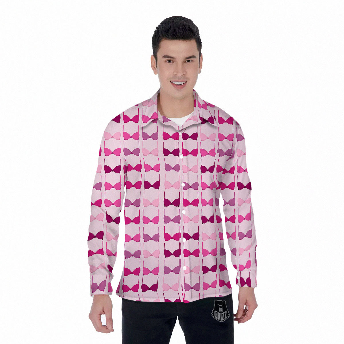 Breast Cancer Pink Bra Print Pattern Men's Long Sleeve Shirts-grizzshop