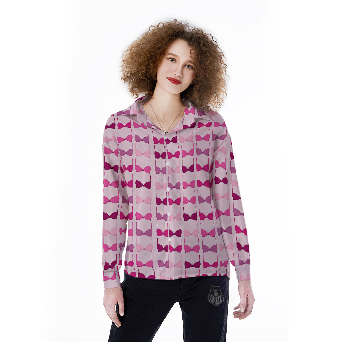 Breast Cancer Pink Bra Print Pattern Women's Long Sleeve Shirts-grizzshop