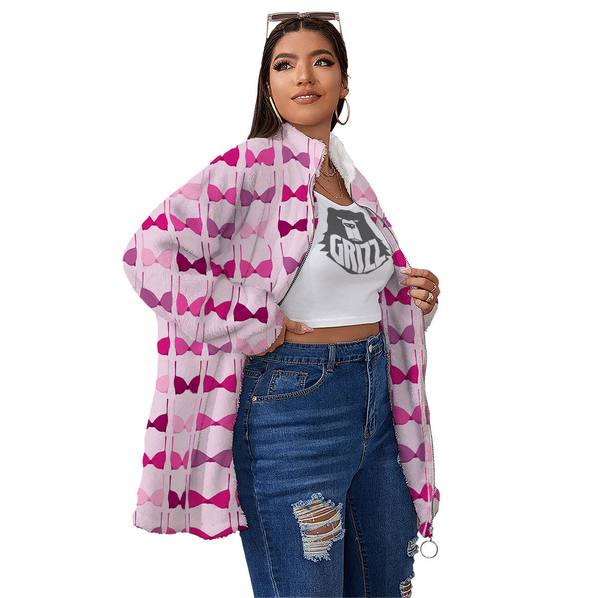 Breast Cancer Pink Bra Print Pattern Women's Sherpa Jacket-grizzshop