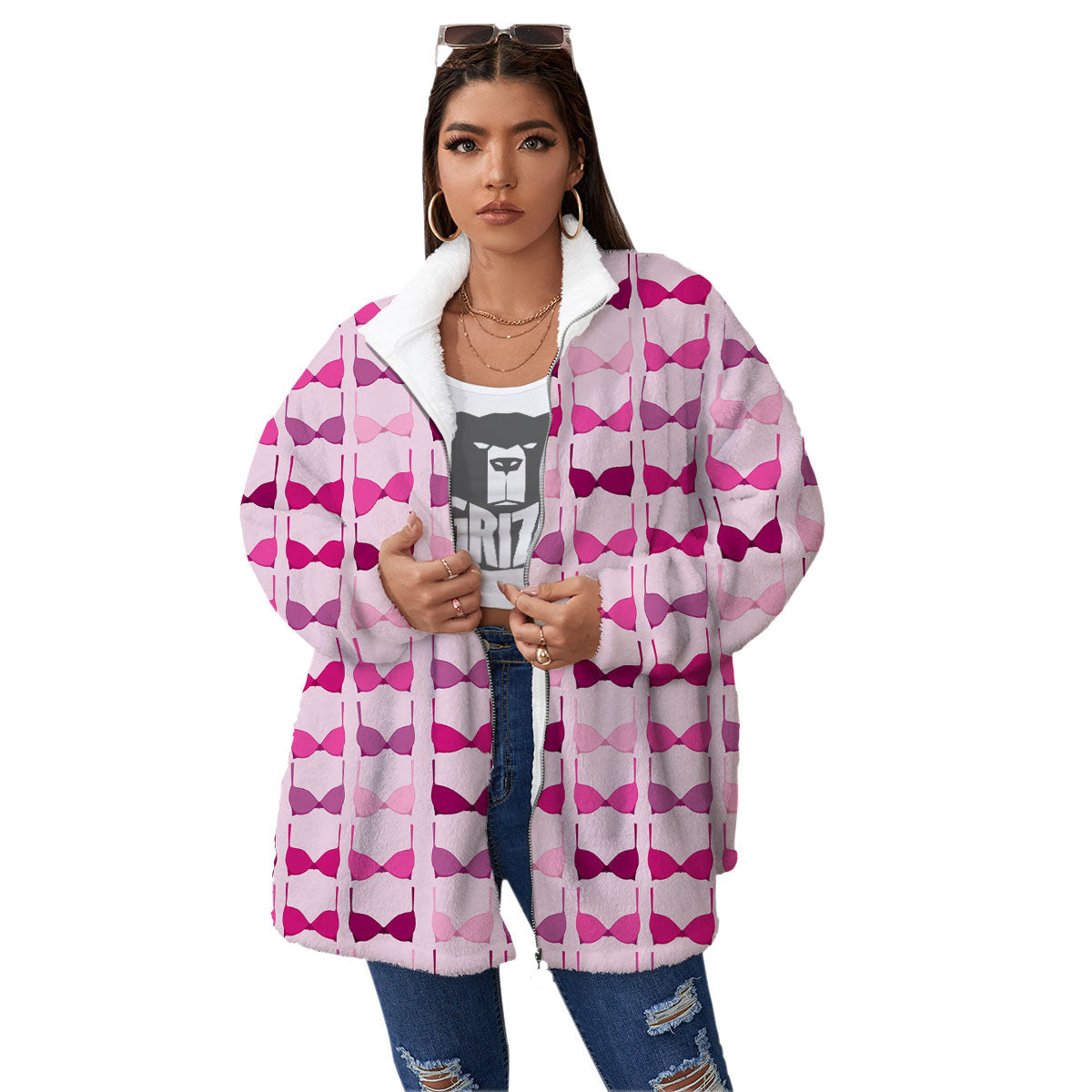 Breast Cancer Pink Bra Print Pattern Women's Sherpa Jacket-grizzshop