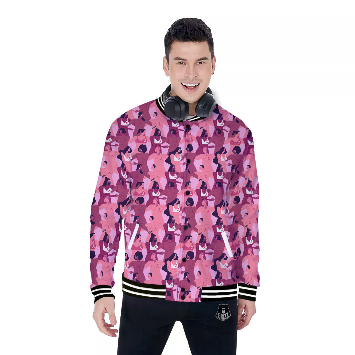 Breast Cancer Pink Print Pattern Baseball Jacket-grizzshop