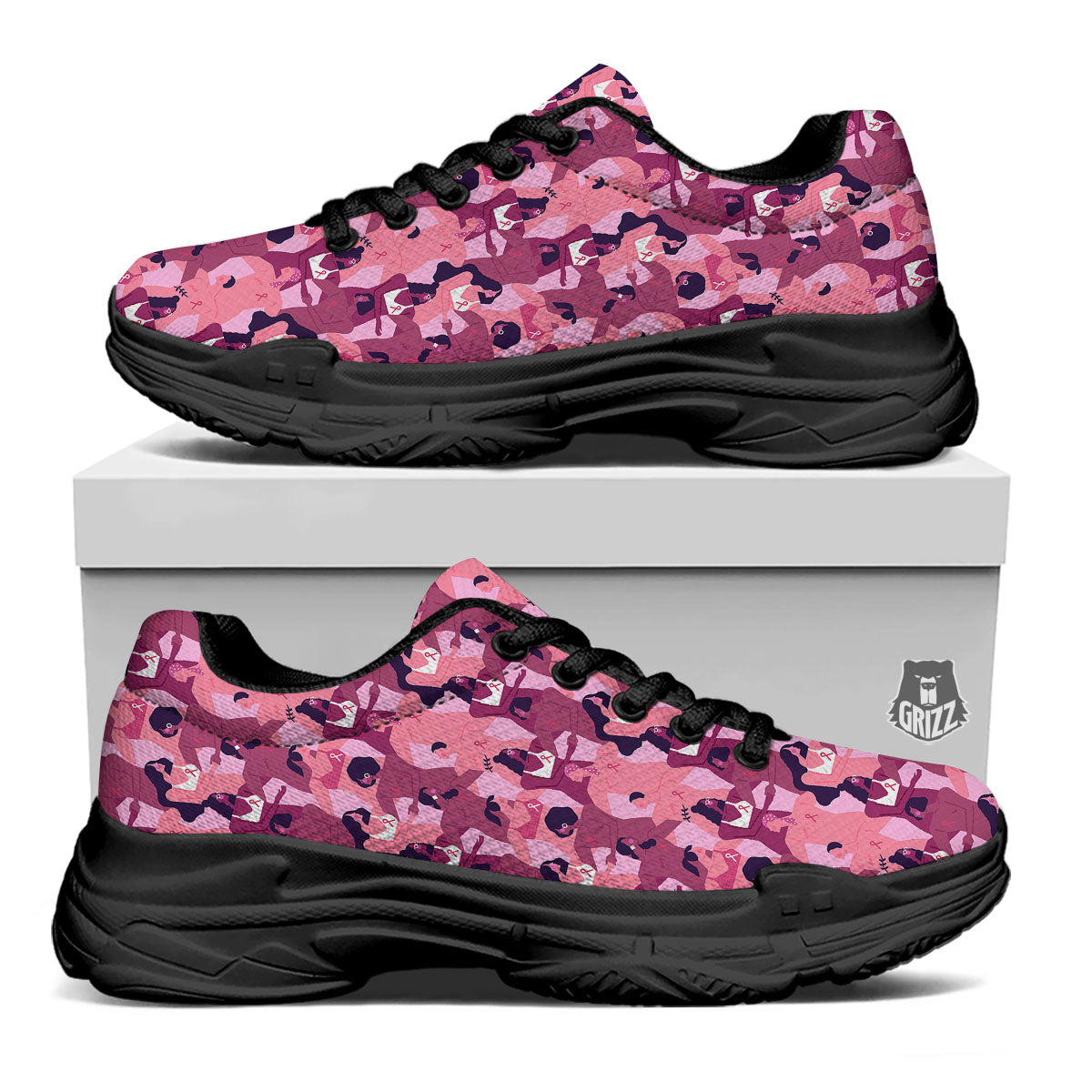 Breast Cancer Pink Print Pattern Black Chunky Shoes-grizzshop