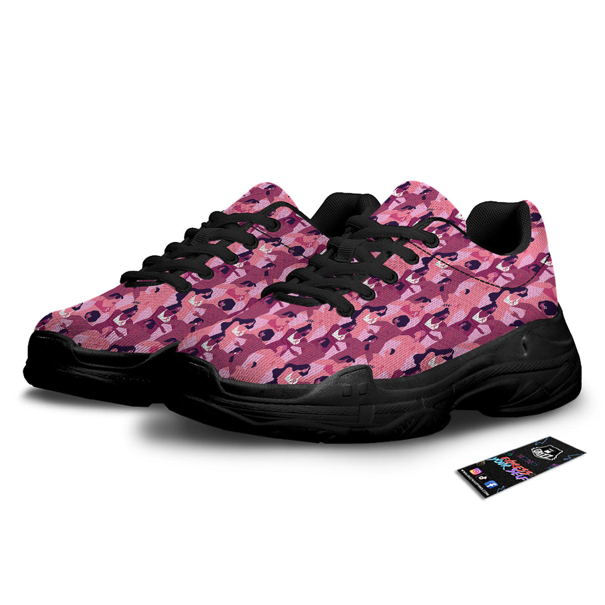 Breast Cancer Pink Print Pattern Black Chunky Shoes-grizzshop