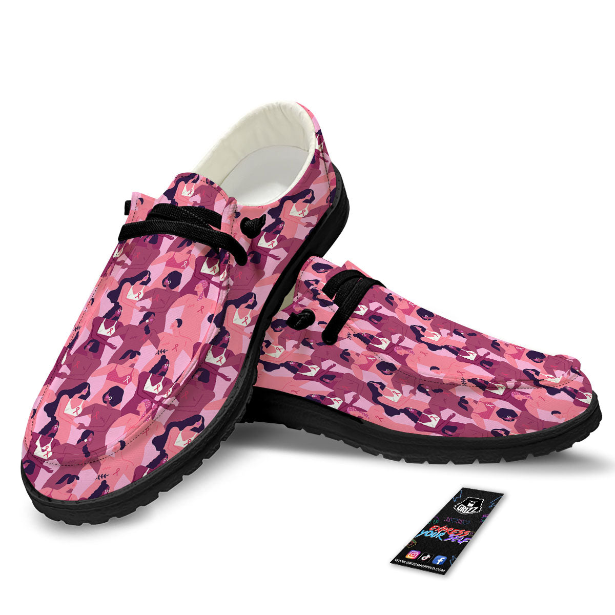 Breast Cancer Pink Print Pattern Black Loafers-grizzshop