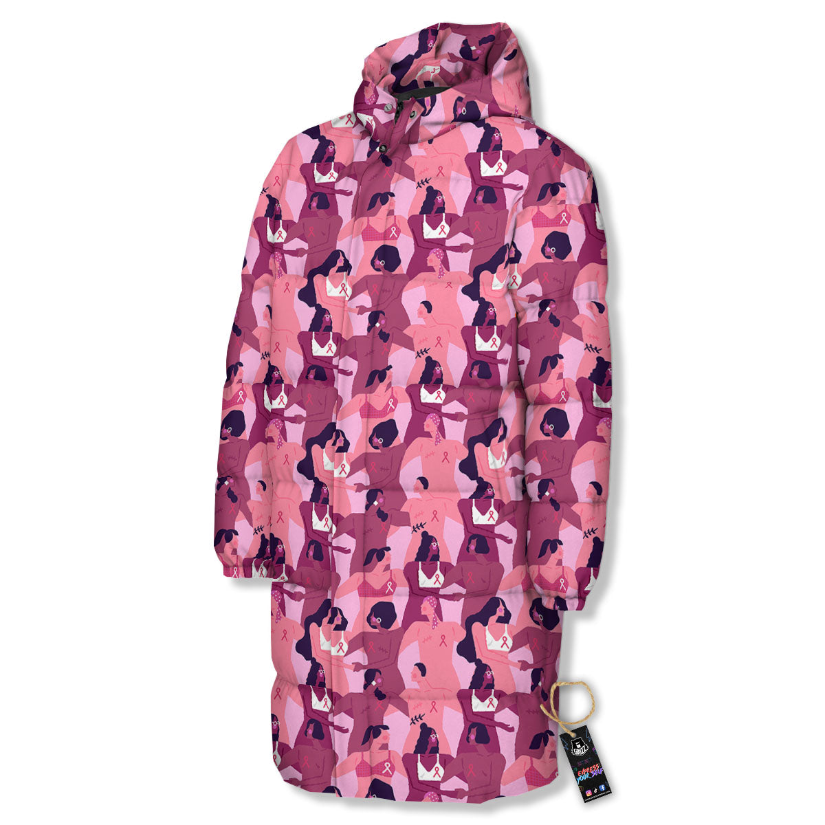 Breast Cancer Pink Print Pattern Long Down Jacket-grizzshop