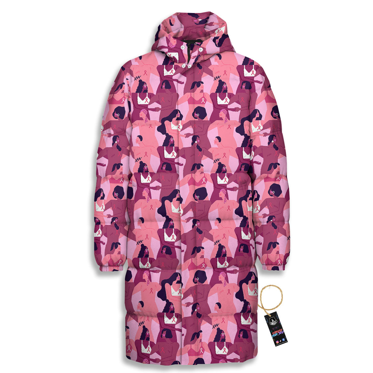 Breast Cancer Pink Print Pattern Long Down Jacket-grizzshop