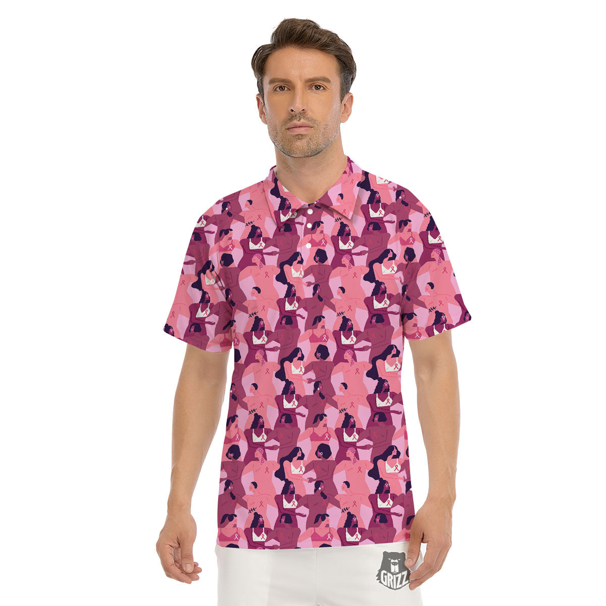 Breast Cancer Pink Print Pattern Men's Golf Shirts-grizzshop