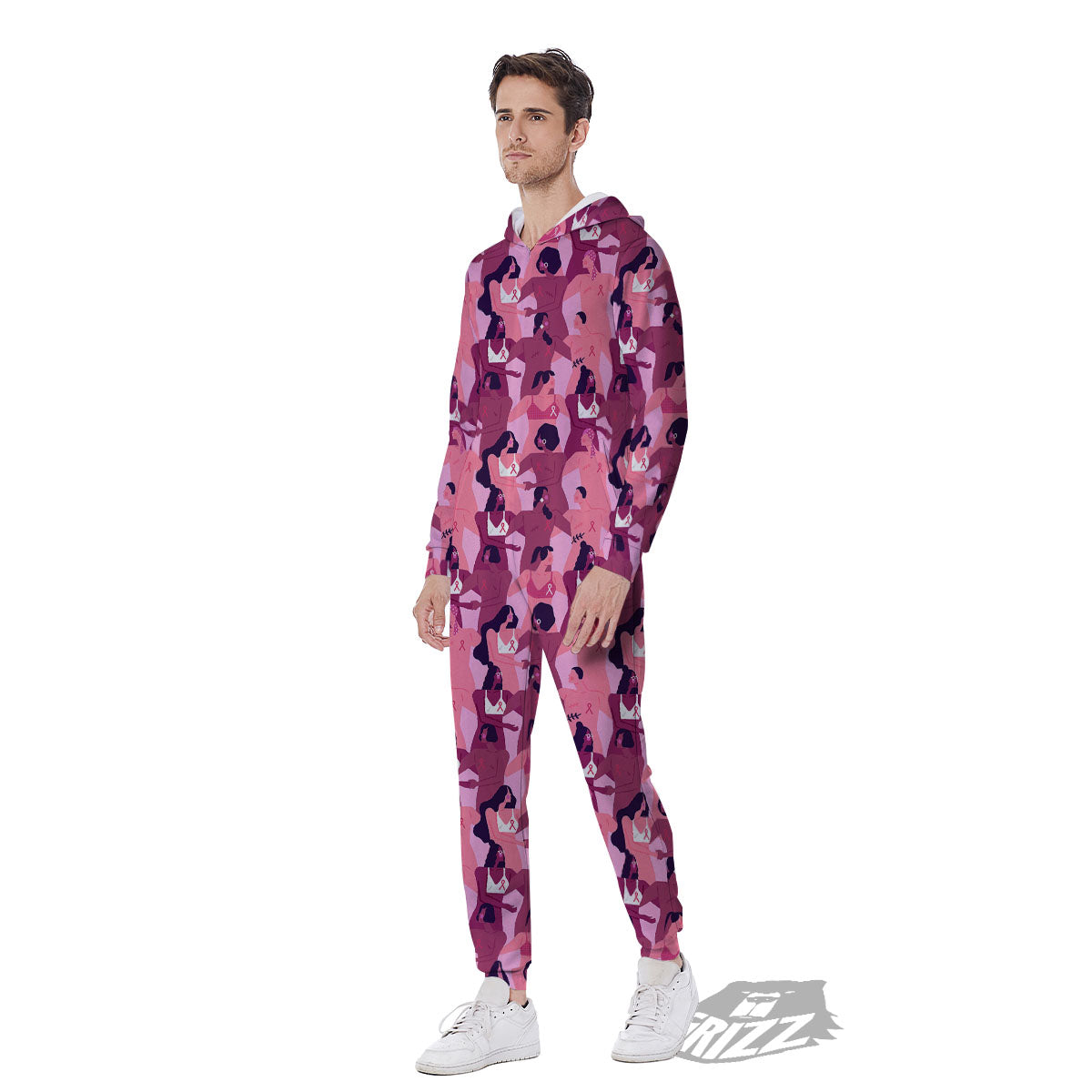 Breast Cancer Pink Print Pattern Men's Jumpsuit-grizzshop