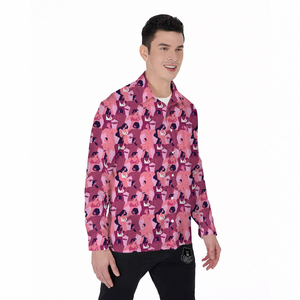 Breast Cancer Pink Print Pattern Men's Long Sleeve Shirts-grizzshop
