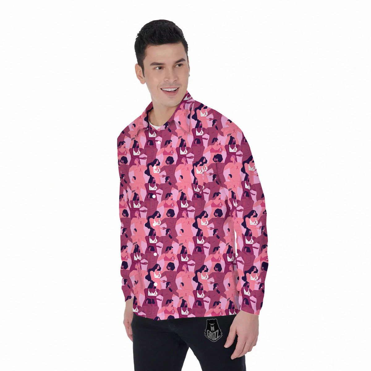 Breast Cancer Pink Print Pattern Men's Long Sleeve Shirts-grizzshop