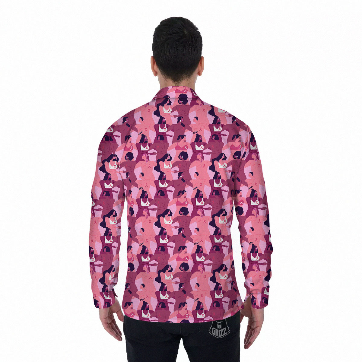 Breast Cancer Pink Print Pattern Men's Long Sleeve Shirts-grizzshop