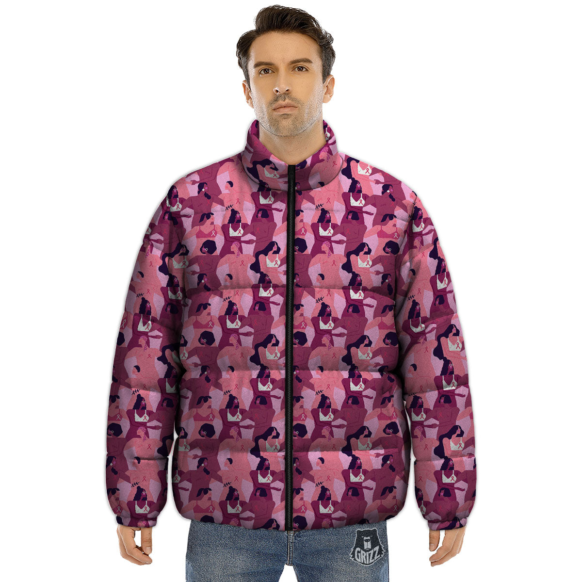 Breast Cancer Pink Print Pattern Puffer Jacket-grizzshop