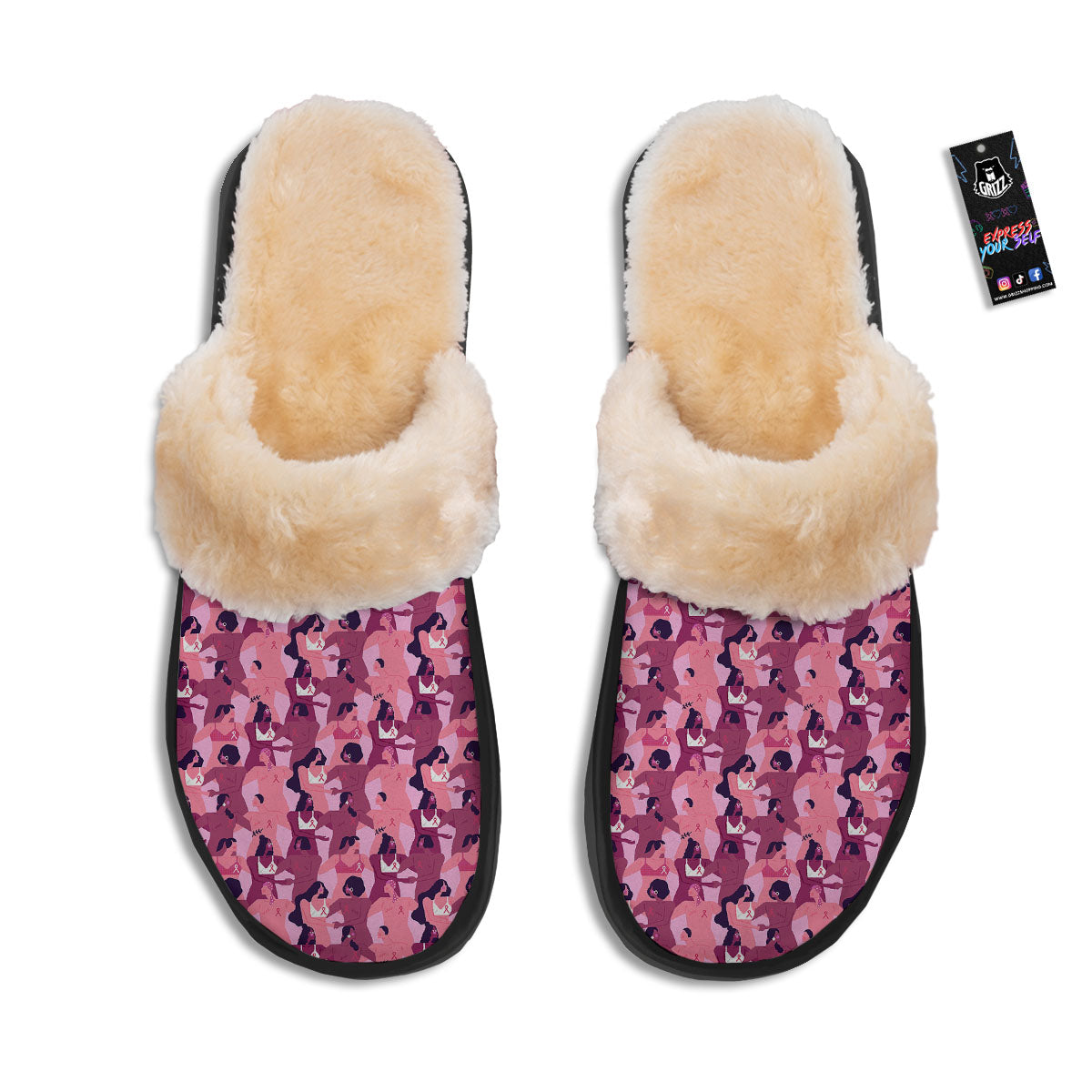 Breast Cancer Pink Print Pattern Slippers-grizzshop