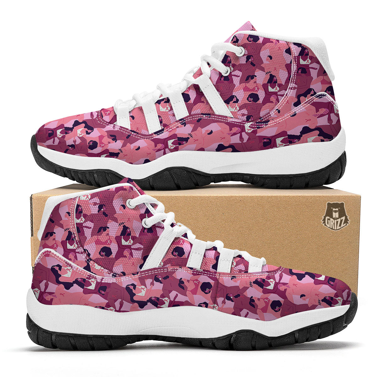 Breast Cancer Pink Print Pattern White Bball Shoes-grizzshop