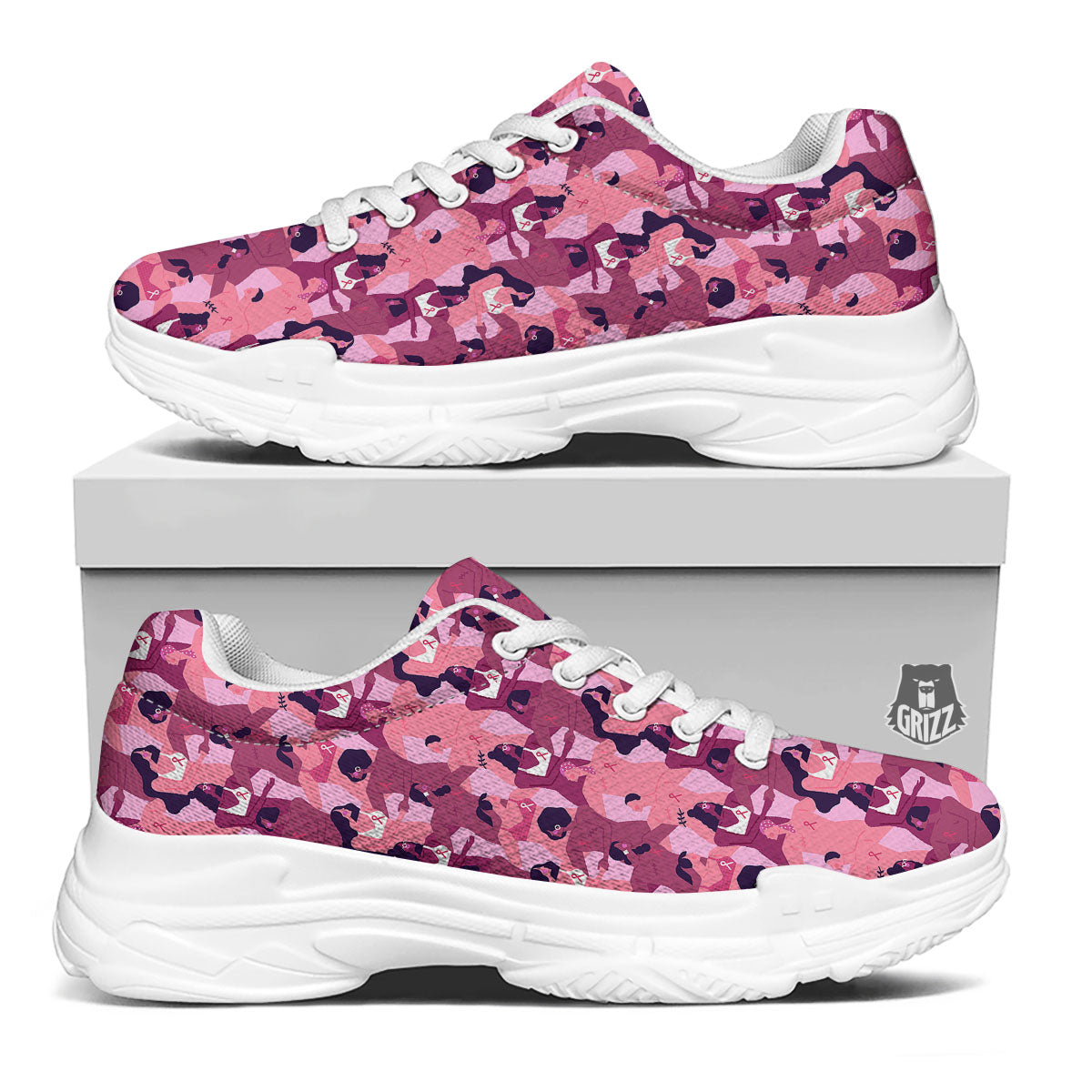 Breast Cancer Pink Print Pattern White Chunky Shoes-grizzshop