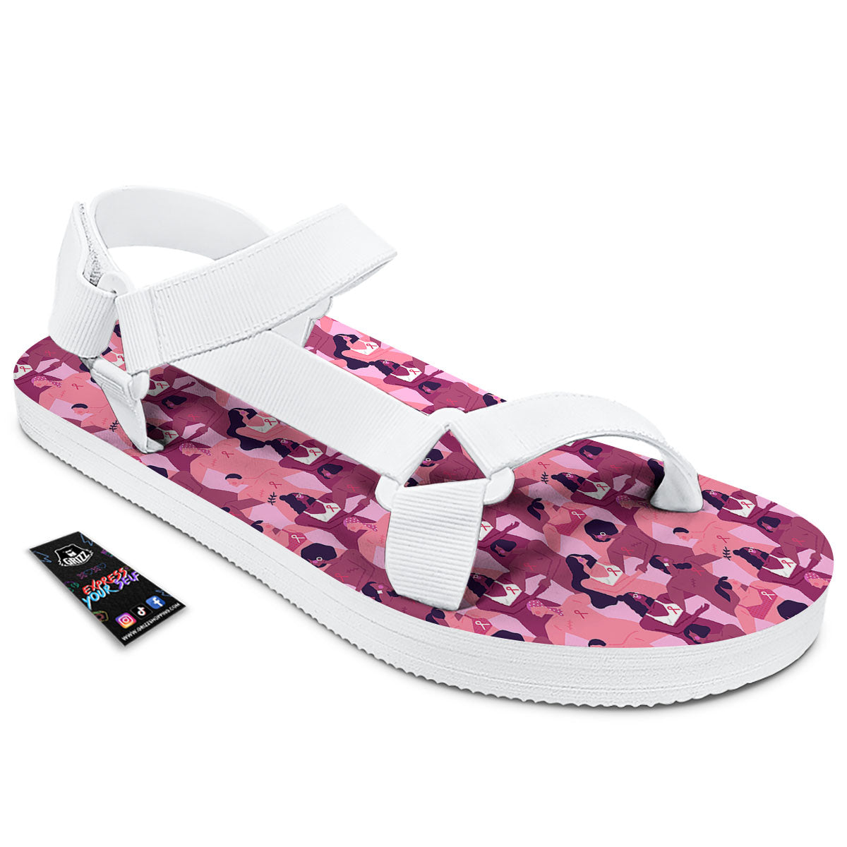 Breast Cancer Pink Print Pattern White Open Toe Sandals-grizzshop