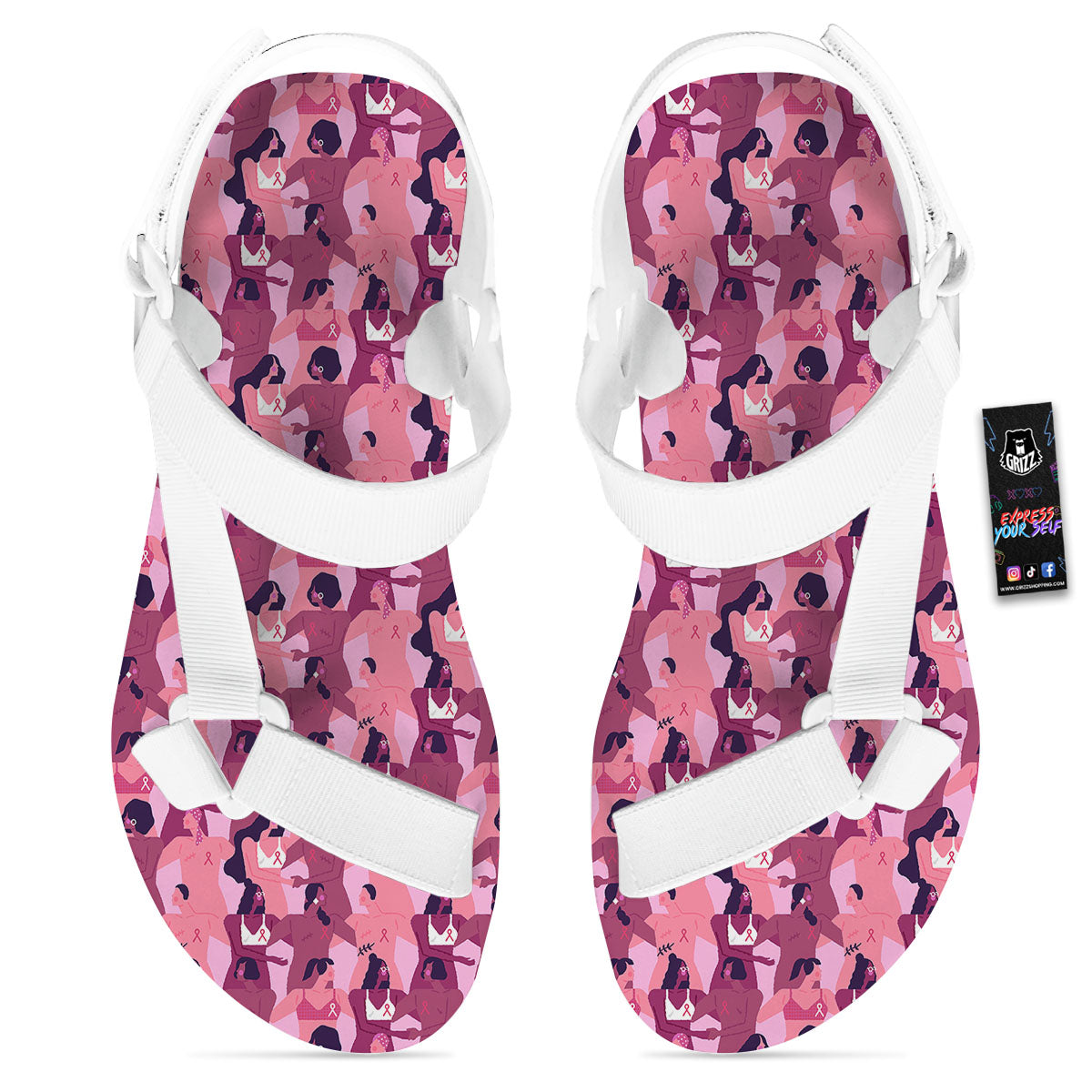 Breast Cancer Pink Print Pattern White Open Toe Sandals-grizzshop