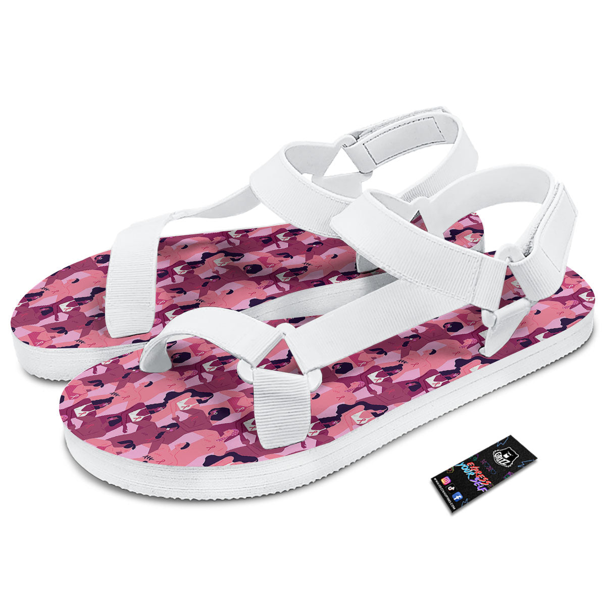 Breast Cancer Pink Print Pattern White Open Toe Sandals-grizzshop