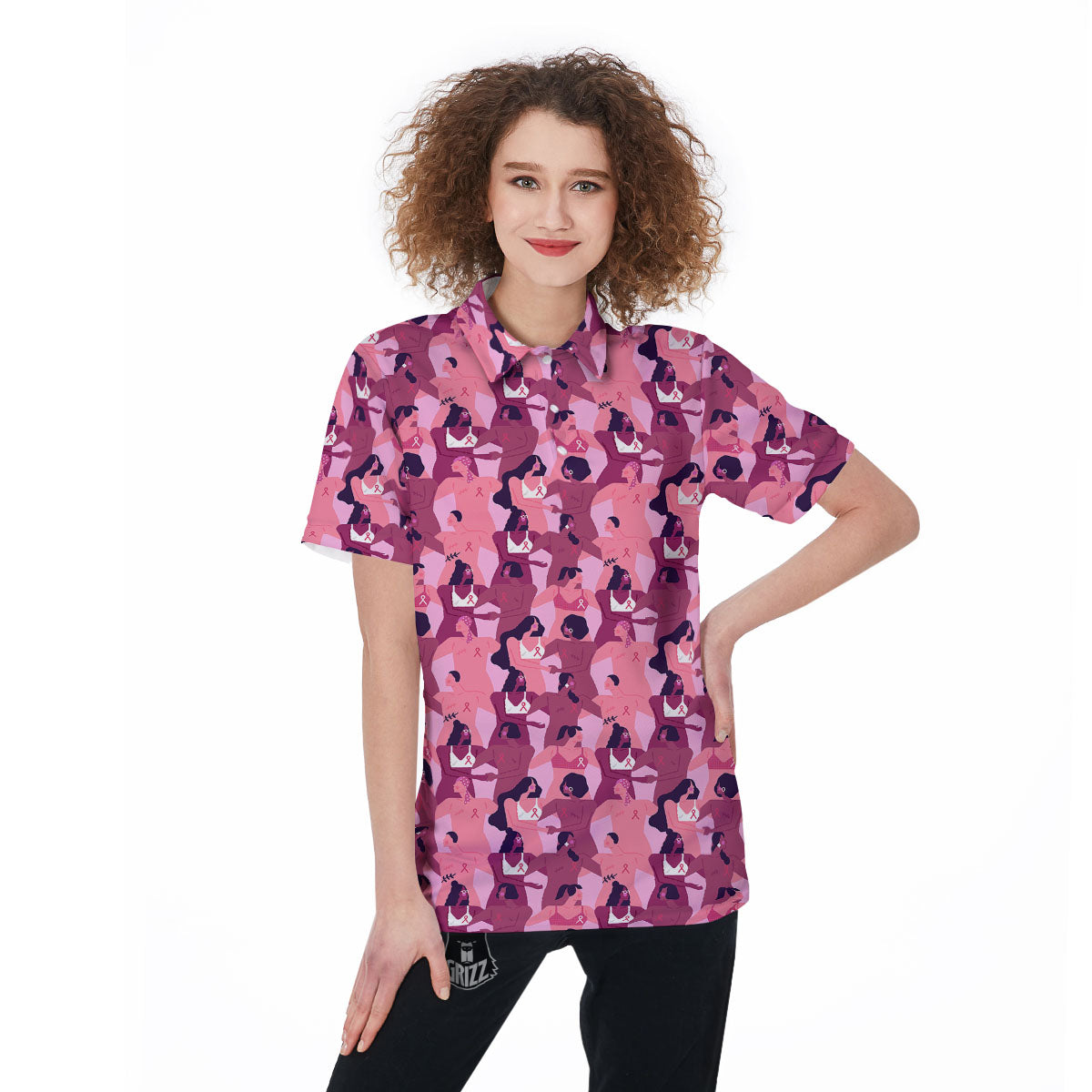 Breast Cancer Pink Print Pattern Women's Golf Shirts-grizzshop