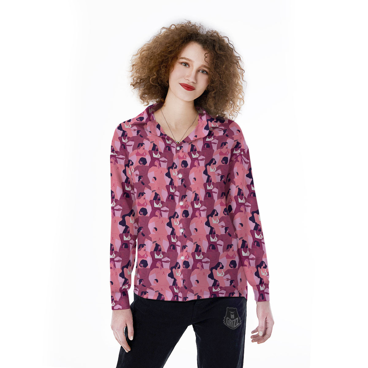 Breast Cancer Pink Print Pattern Women's Long Sleeve Shirts-grizzshop