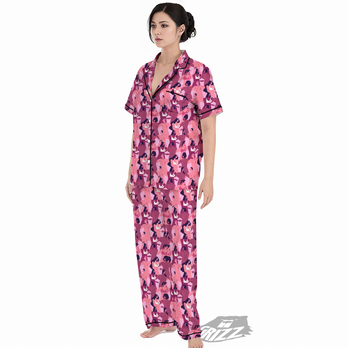 Breast Cancer Pink Print Pattern Women's Pajamas Set-grizzshop