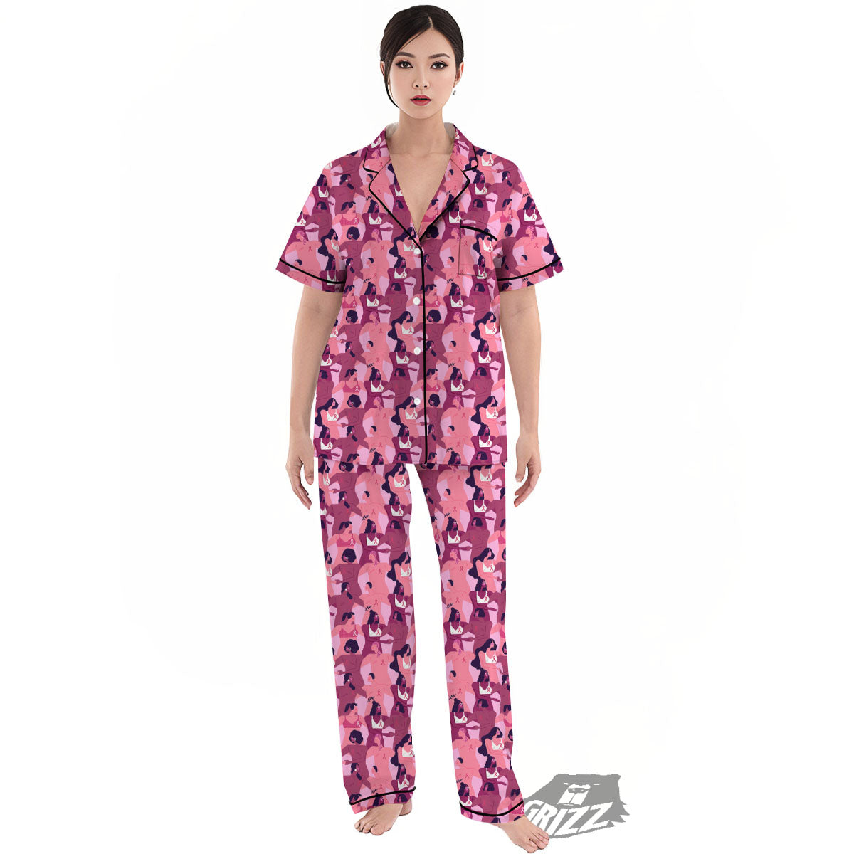 Breast Cancer Pink Print Pattern Women's Pajamas Set-grizzshop