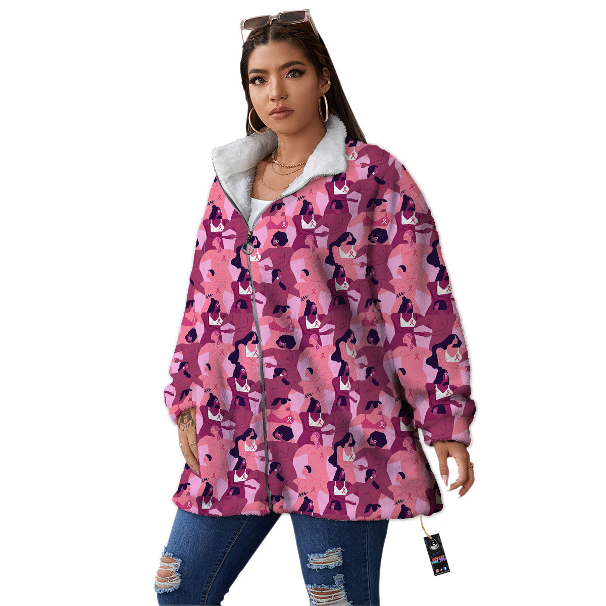 Breast Cancer Pink Print Pattern Women's Sherpa Jacket-grizzshop