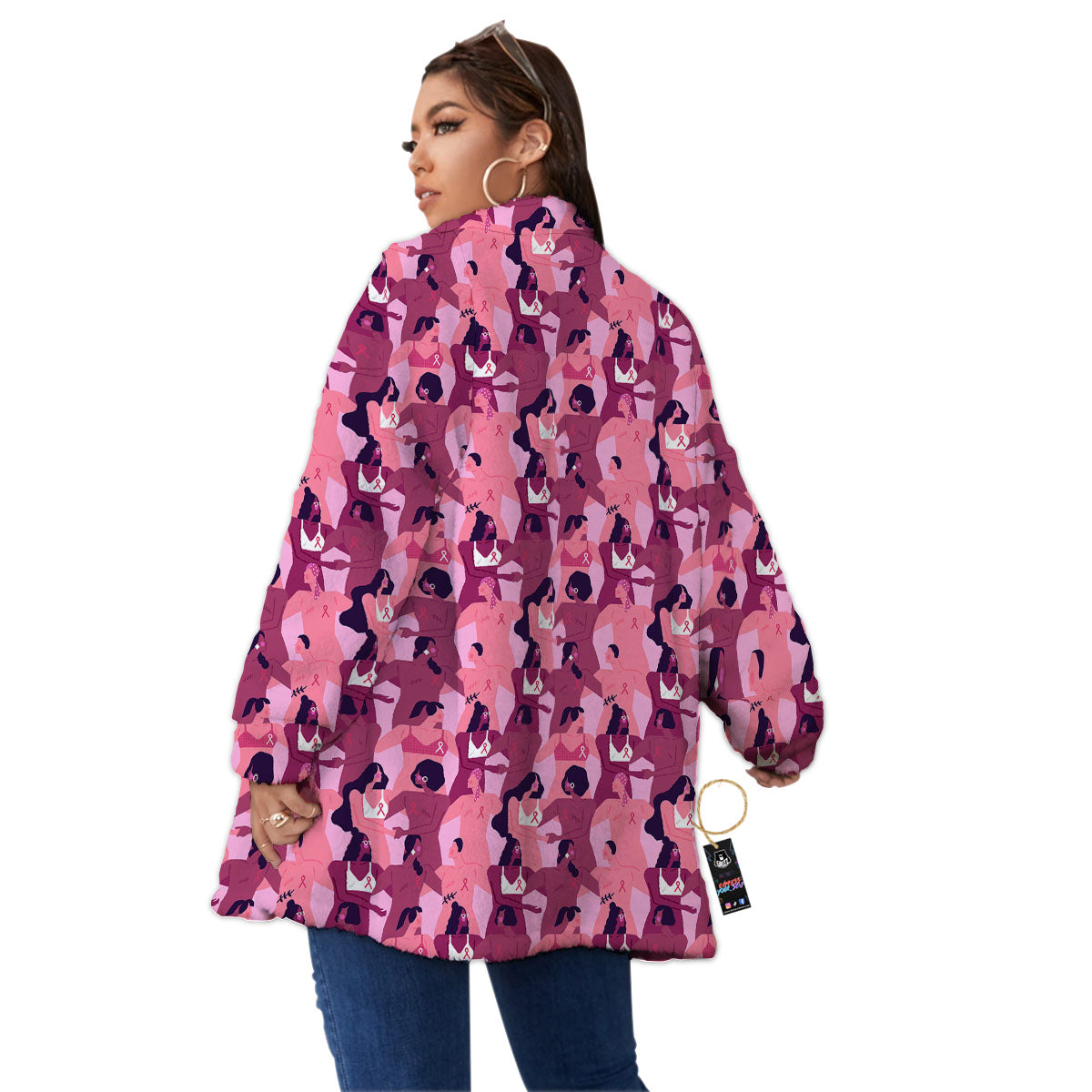 Breast Cancer Pink Print Pattern Women's Sherpa Jacket-grizzshop