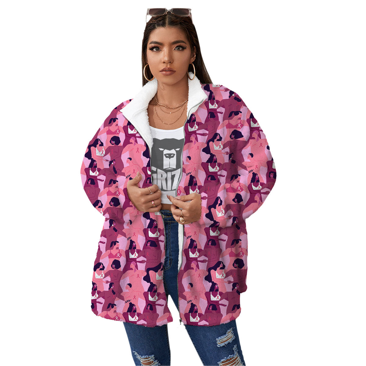 Breast Cancer Pink Print Pattern Women's Sherpa Jacket-grizzshop
