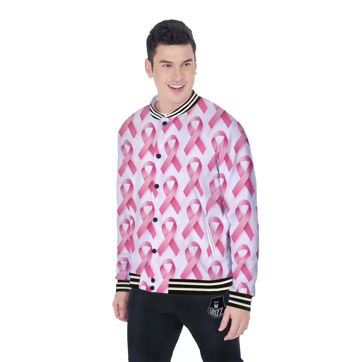 Breast Cancer Pink Ribbon Print Pattern Baseball Jacket-grizzshop