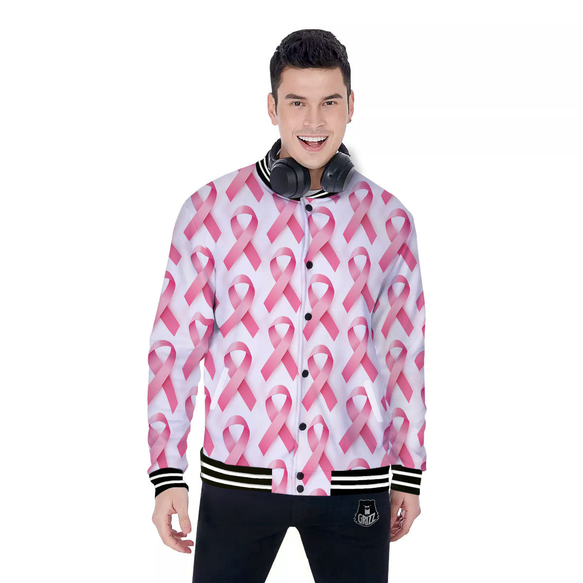 Breast Cancer Pink Ribbon Print Pattern Baseball Jacket-grizzshop