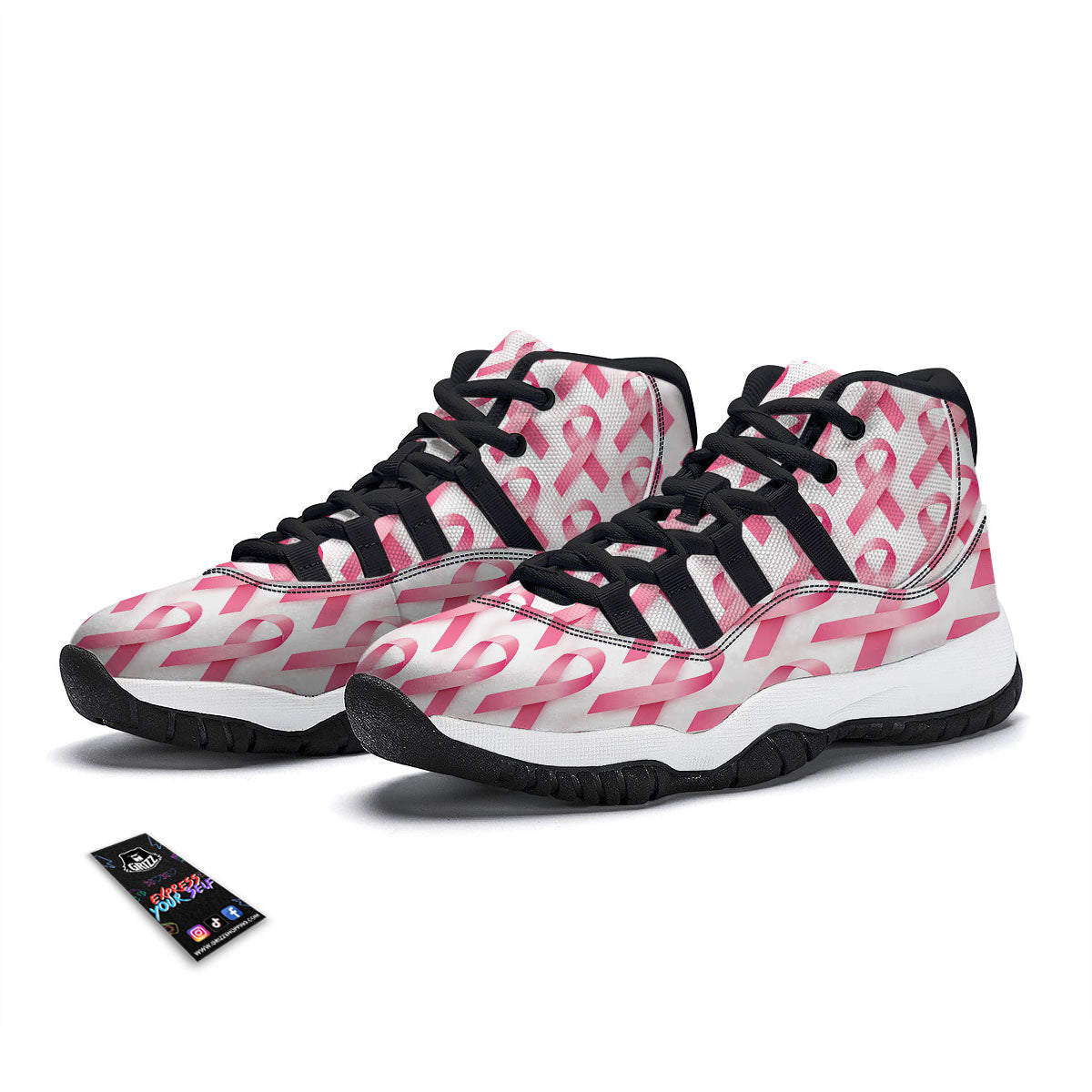Breast Cancer Pink Ribbon Print Pattern Black Bball Shoes-grizzshop
