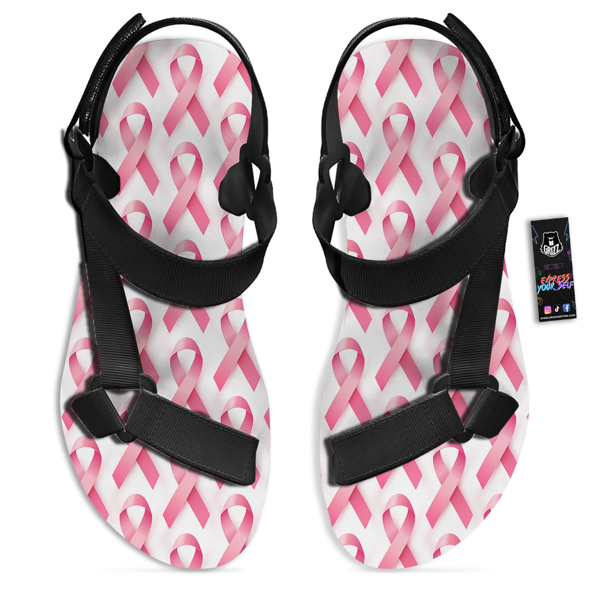 Breast Cancer Pink Ribbon Print Pattern Black Open Toe Sandals-grizzshop