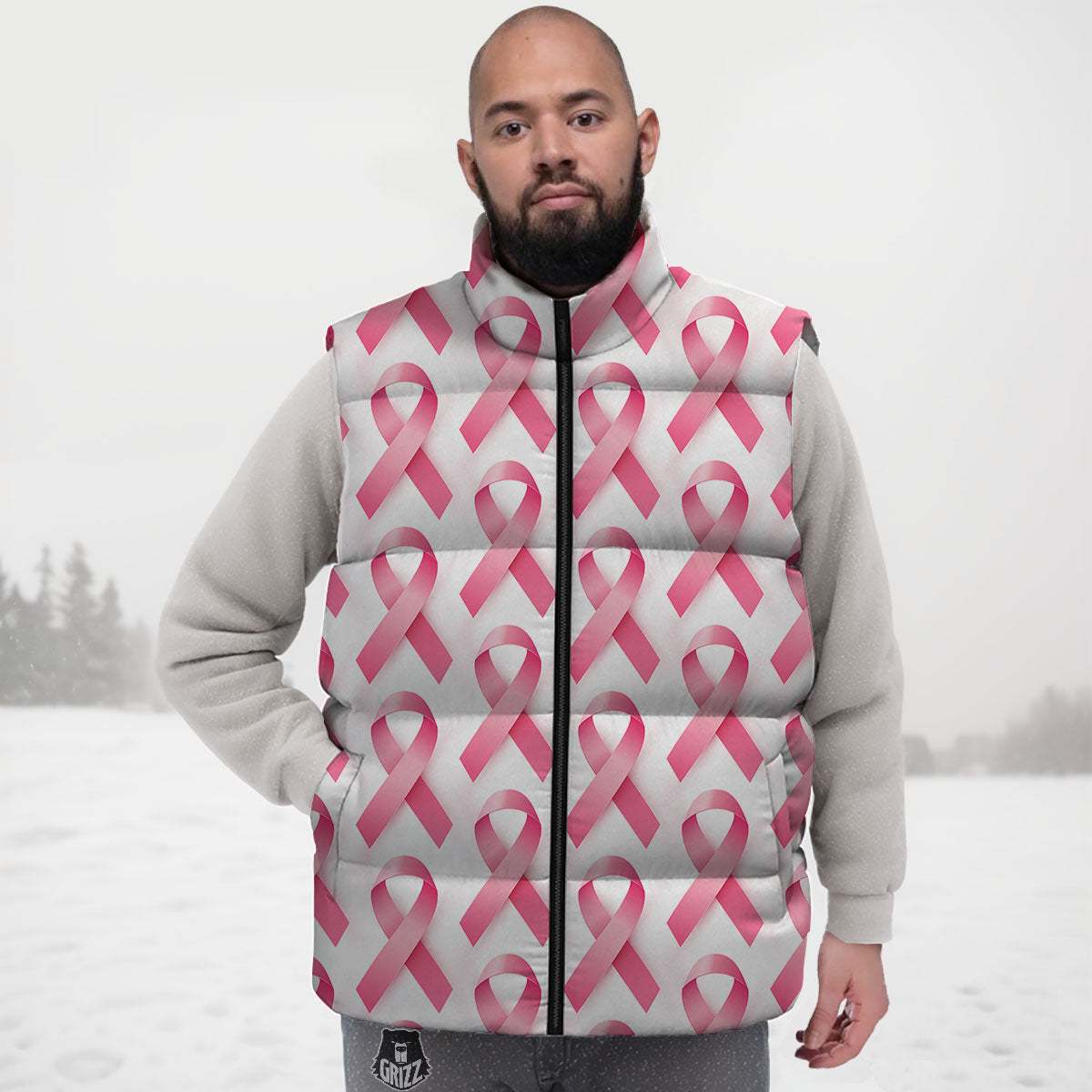 Breast Cancer Pink Ribbon Print Pattern Down Vest