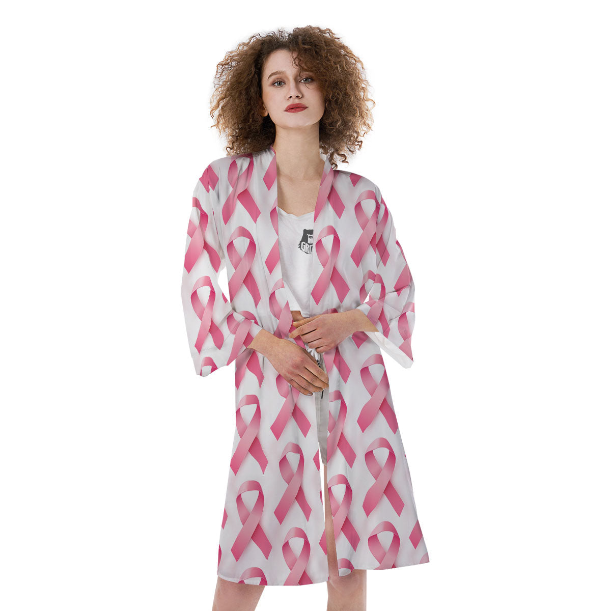 Breast Cancer Pink Ribbon Print Pattern Kimono-grizzshop