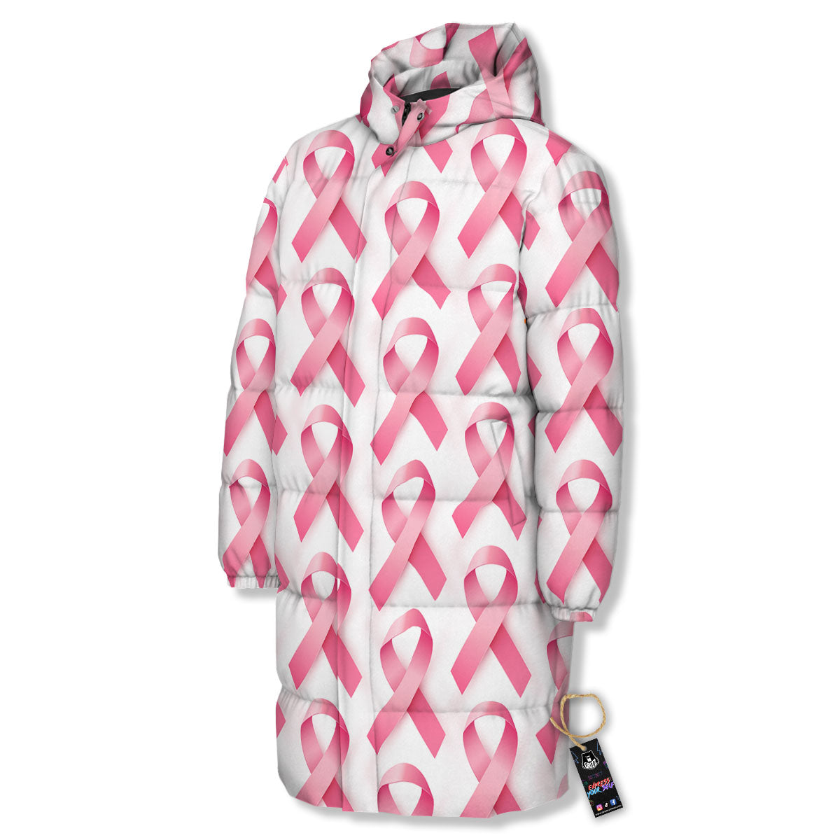 Breast Cancer Pink Ribbon Print Pattern Long Down Jacket-grizzshop