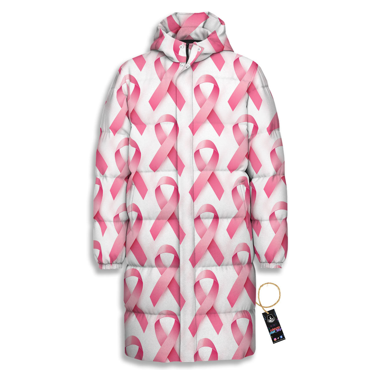 Breast Cancer Pink Ribbon Print Pattern Long Down Jacket-grizzshop