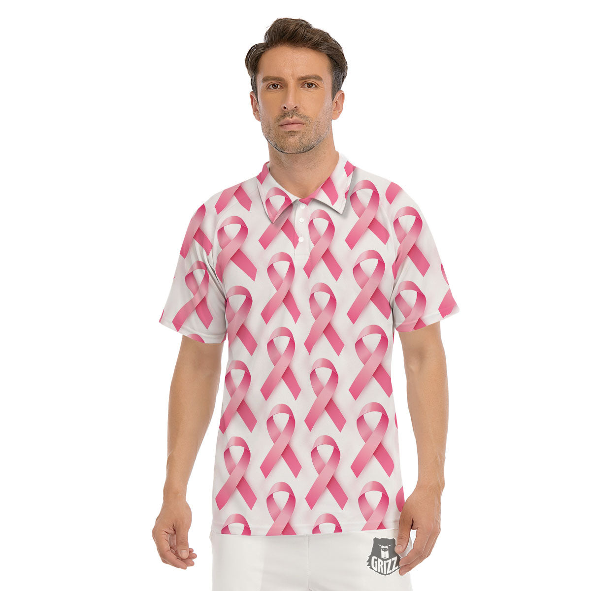 Breast Cancer Pink Ribbon Print Pattern Men's Golf Shirts-grizzshop