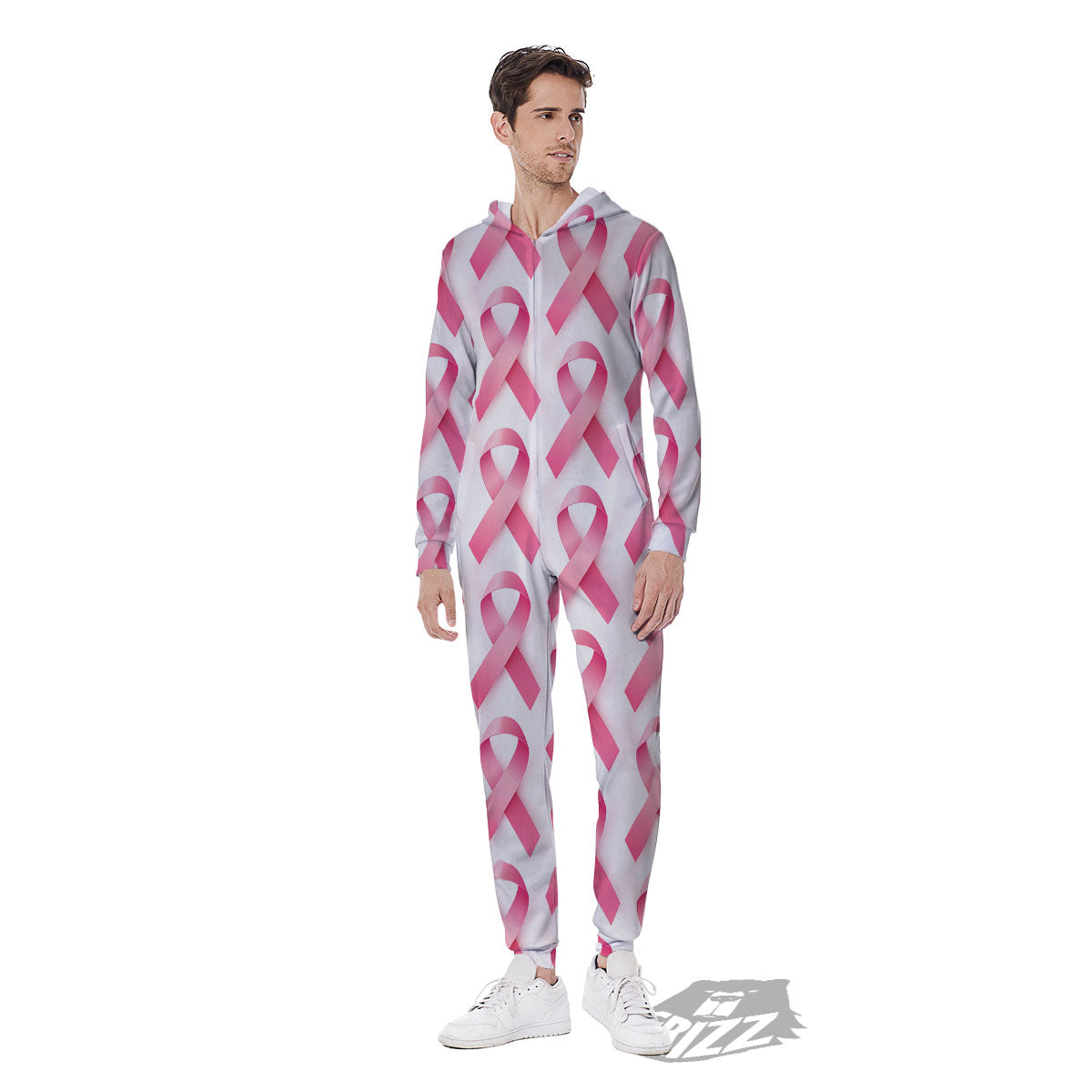 Breast Cancer Pink Ribbon Print Pattern Men's Jumpsuit-grizzshop