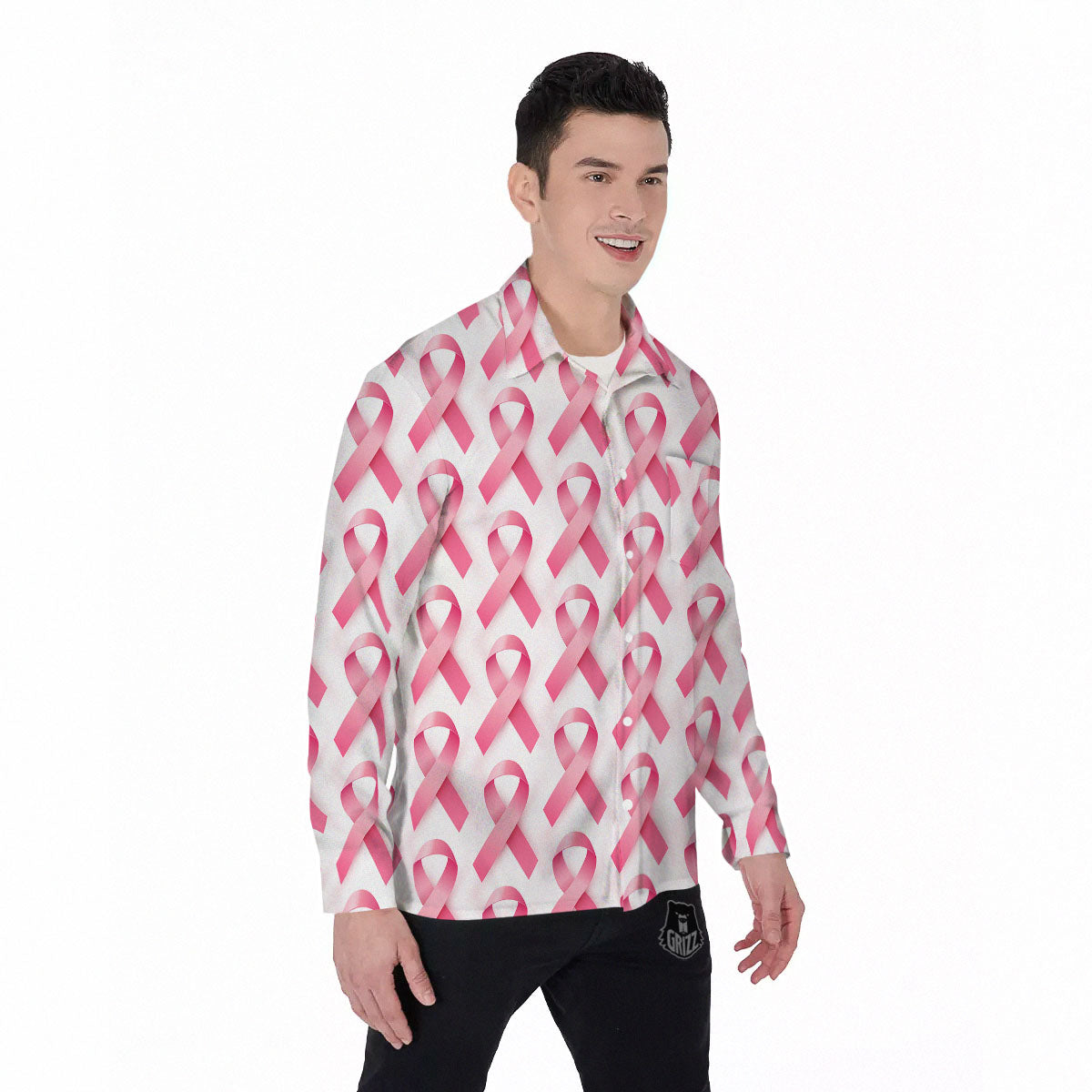 Breast Cancer Pink Ribbon Print Pattern Men's Long Sleeve Shirts-grizzshop