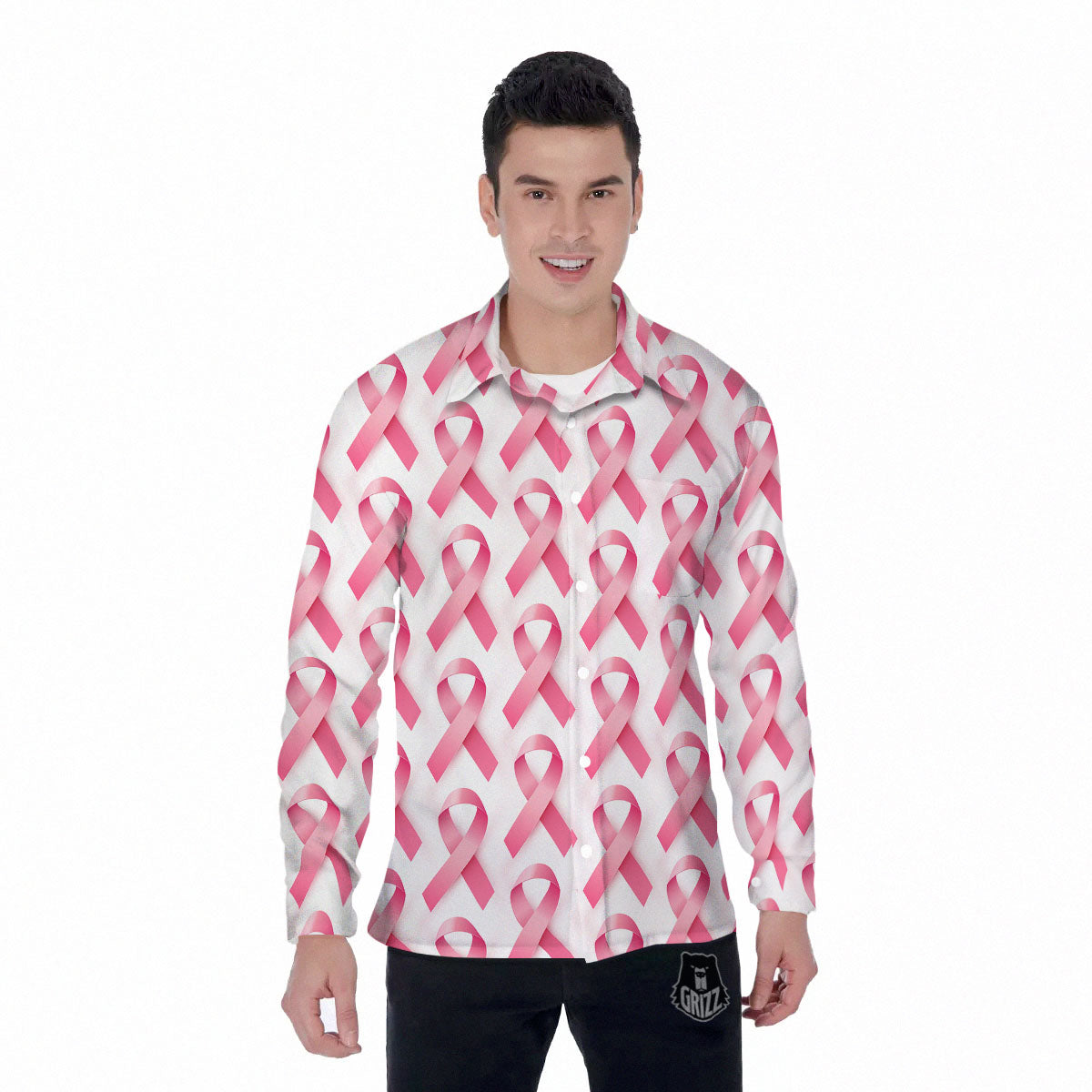 Breast Cancer Pink Ribbon Print Pattern Men's Long Sleeve Shirts-grizzshop